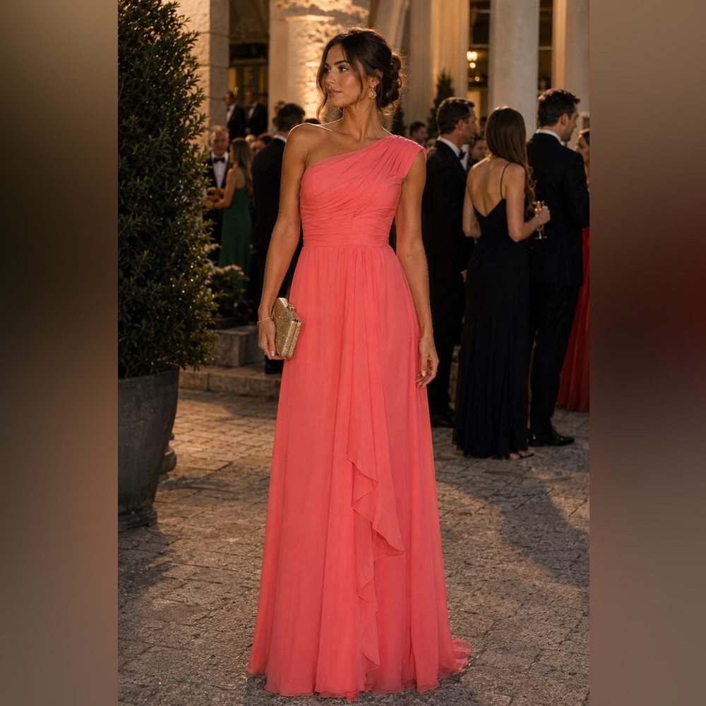 New coral Chiffon ruffles high slit split shoulder long gown Dress bridesmaid 16